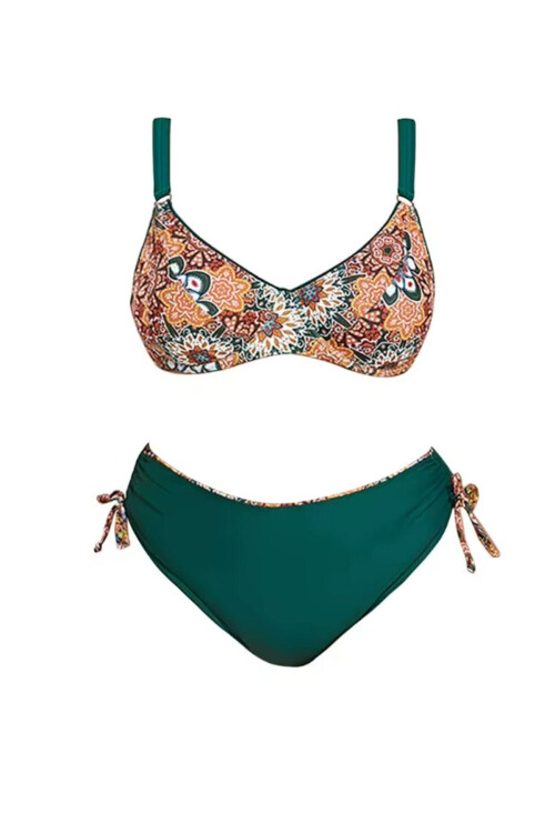 Kadın Zümrüt Yeşil Etnik Desen Büyük Beden Bikini Takım PLD25S-3012
