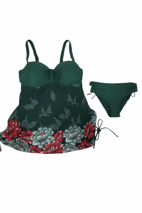 Kadın Zümrüt Yeşili Çiçek Desenli Elbise Model Büyük Beden Slipli Tankini PLD24S-3188