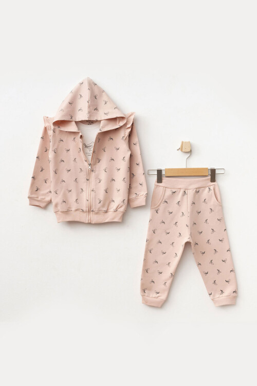 Kız Bebek Kuş Desenli Sweatshirt Pantolon T-shirt 3 lü Alt Üst Bebek Takımı 3 Ay-36 Ay