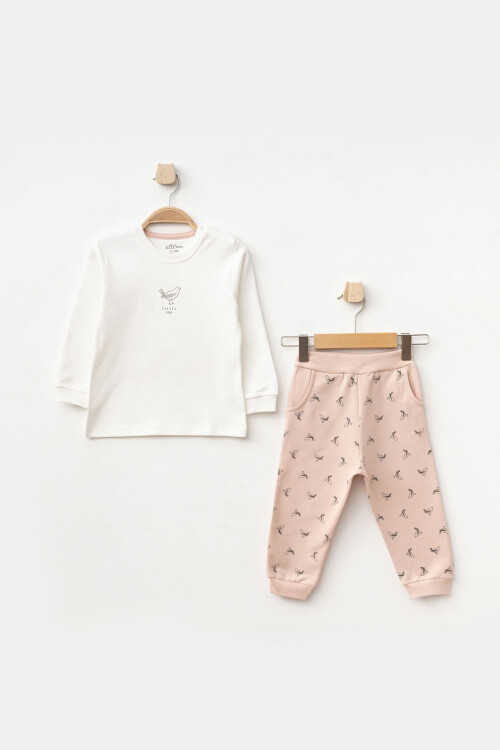 Kız Bebek Kuş Desenli Sweatshirt Pantolon T-shirt 3 lü Alt Üst Bebek Takımı 3 Ay-36 Ay
