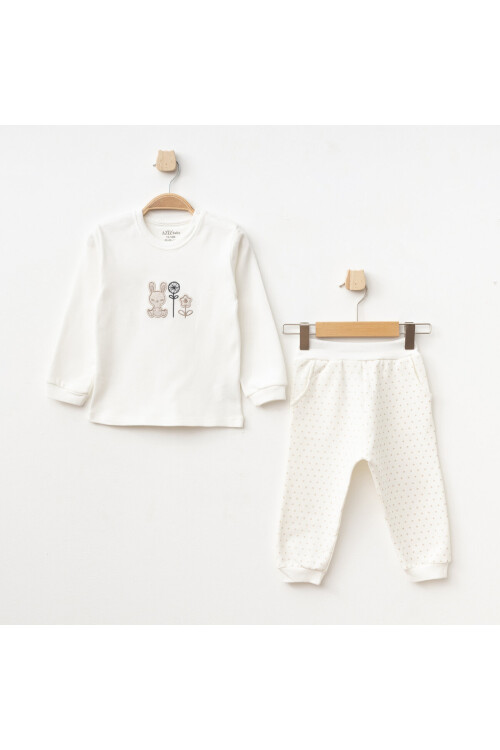 Kız Bebek Tavşan Nakışlı Sweatshirt Pantolon T-shirt 3 lü Alt Üst Bebek Takımı 3 Ay-36 Ay