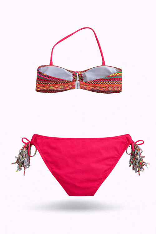 Kız Çocuk Fuşya Çok Renkli İp Detaylı Astarlı 4-12 Yaş Üçgen Bikini Takım PLD24S-3008