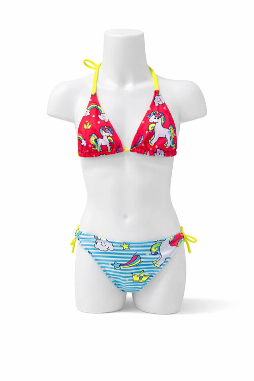 Kız Çocuk Mavi Neon Pembe Unicorn Temalı Bikini Takım PLD25S-3005