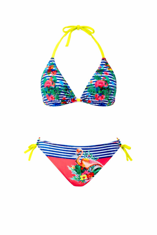 Kız Çocuk Mavi Pembe Flamingo Glow Desenli 6-14 Yaş Üçgen Bikini Takım PLD26S-3002