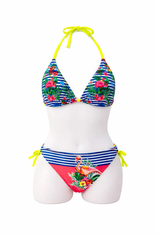 Kız Çocuk Mavi Pembe Flamingo Glow Desenli 6-14 Yaş Üçgen Bikini Takım PLD26S-3002