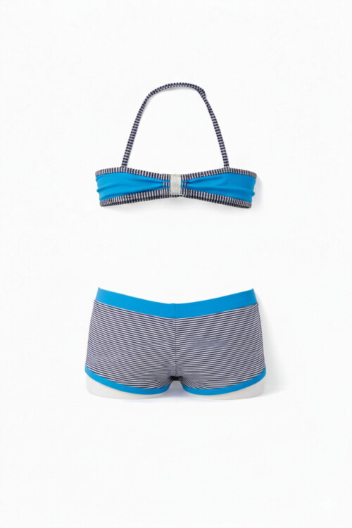 Kız Çocuk Mavi Siyah Çizgili Şortlu 4-12 Yaş Straplez Bikini Takım PLD24S-3026