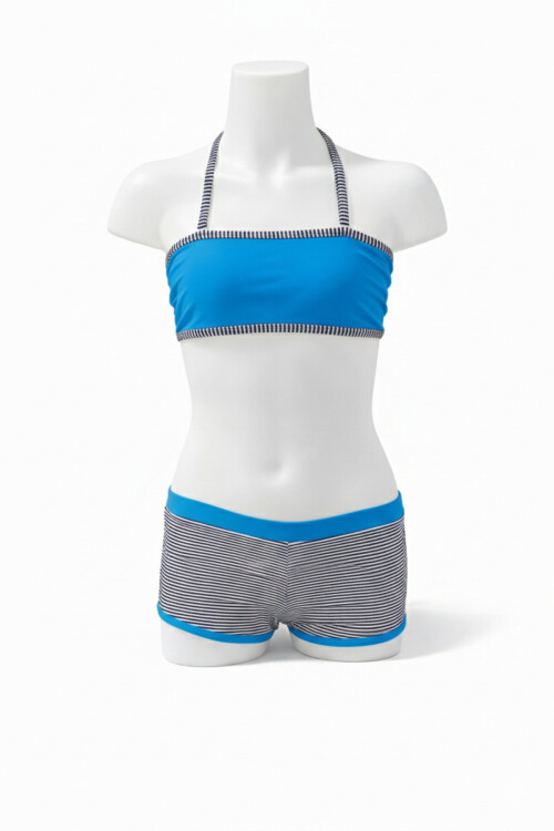 Kız Çocuk Mavi Siyah Çizgili Şortlu 4-12 Yaş Straplez Bikini Takım PLD24S-3026