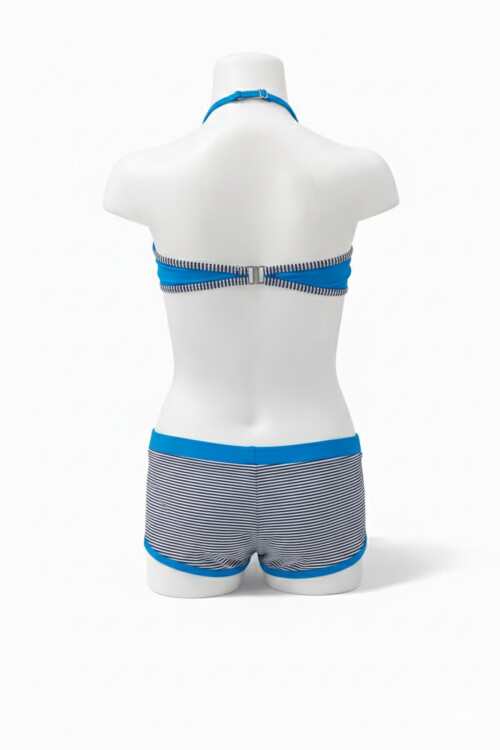 Kız Çocuk Mavi Siyah Çizgili Şortlu 4-12 Yaş Straplez Bikini Takım PLD24S-3026