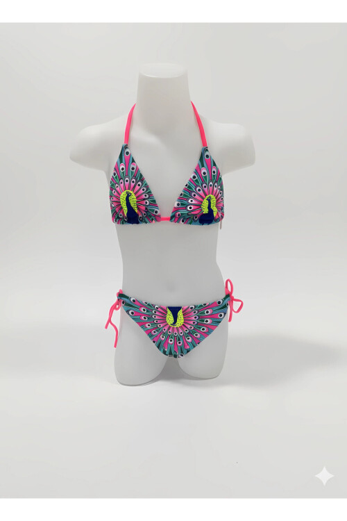 Kız Çocuk Mavi Tavus Kuşu Desenli 6-14 Yaş Üçgen Bikini Takım PLD24S-3003