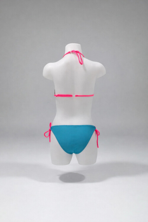Kız Çocuk Mavi Tavus Kuşu Desenli 6-14 Yaş Üçgen Bikini Takım PLD24S-3003