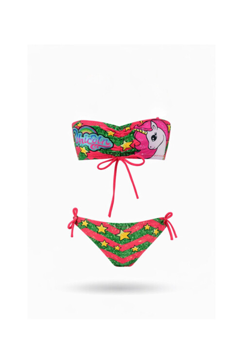 Kız Çocuk Neon Pembe Unicorn Desenli 2-8 Yaş Straplez Bikini Takım PLD24S-3011