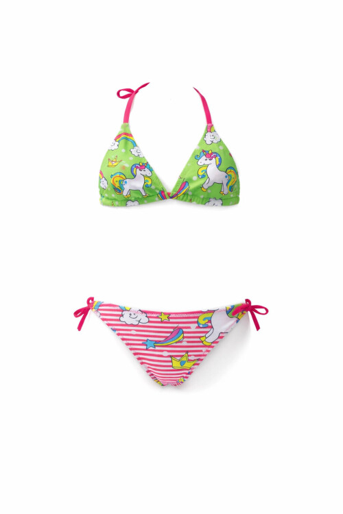 Kız Çocuk Neon Pembe Yeşil Unicorn Temalı Bikini Takım PLD25S-3005