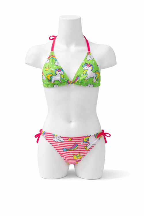 Kız Çocuk Neon Pembe Yeşil Unicorn Temalı Bikini Takım PLD25S-3005