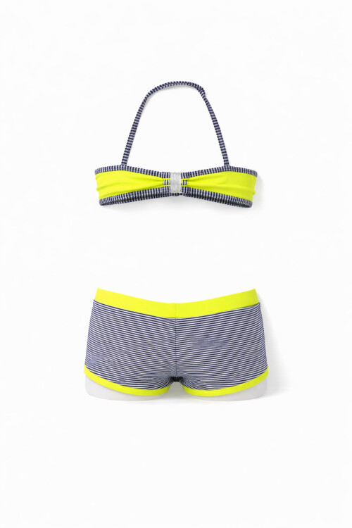 Kız Çocuk Neon Sarı Siyah Çizgili Şortlu 4-12 Yaş Straplez Bikini Takım PLD24S-3026