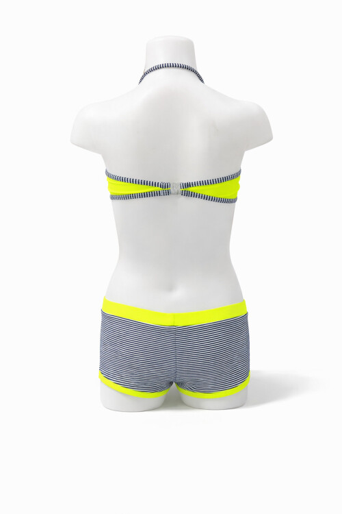 Kız Çocuk Neon Sarı Siyah Çizgili Şortlu 4-12 Yaş Straplez Bikini Takım PLD24S-3026