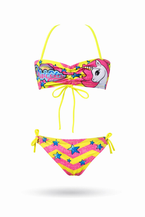 Kız Çocuk Neon Sarı Unicorn Desenli 2-8 Yaş Straplez Bikini Takım PLD24S-3011