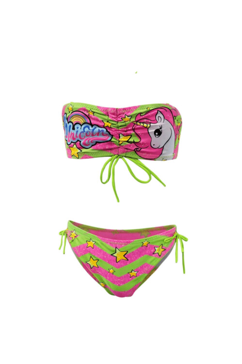 Kız Çocuk Neon Yeşil Unicorn Desenli 2-8 Yaş Straplez Bikini Takım PLD24S-3011
