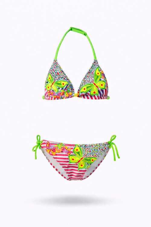 Kız Çocuk Pembe Kelebek Desenli 2-8 Yaş Üçgen Bikini Takım PLD24S-3006