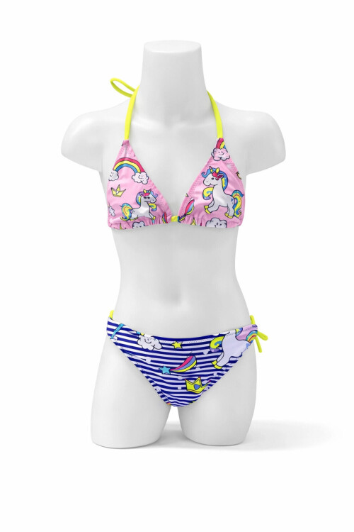 Kız Çocuk Pembe Lacivert Unicorn Temalı Bikini Takım PLD25S-3005