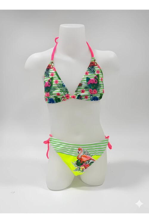 Kız Çocuk Sarı Yeşil Flamingo Glow Desenli 6-14 Yaş Üçgen Bikini Takım PLD26S-3002