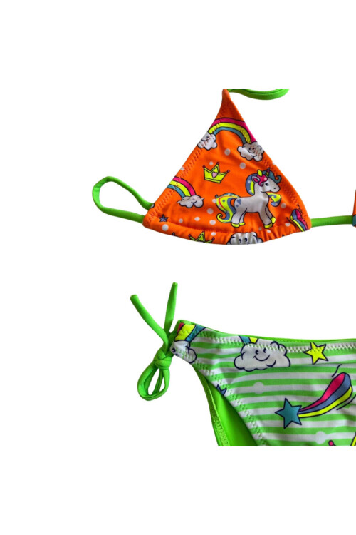 Kız Çocuk Turuncu Yeşil Unicorn Temalı Bikini Takım PLD25S-3005