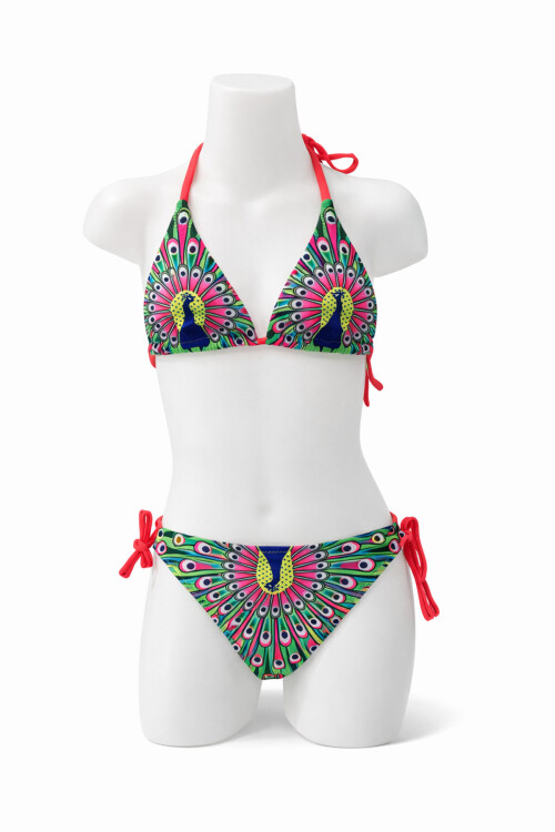 Kız Çocuk Yeşil Tavus Kuşu Desenli 6-14 Yaş Üçgen Bikini Takım PLD24S-3003