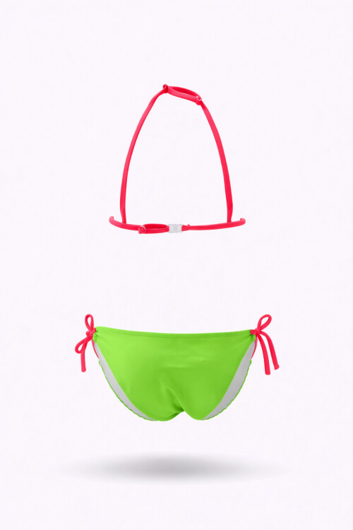 Kız Çocuk Yeşil Tavus Kuşu Desenli 6-14 Yaş Üçgen Bikini Takım PLD24S-3003