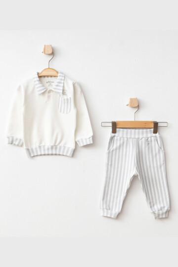 Erkek Bebek Ayı Nakışlı Gömlek Yaka Sweatshirt Pantolon 2  li Alt Üst Bebek Takımı 3 Ay - 36 Ay