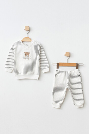 Erkek Bebek Ayı Nakışlı Sweatshirt Pantolon 2  li Alt Üst Bebek Takımı 3 Ay - 36 Ay