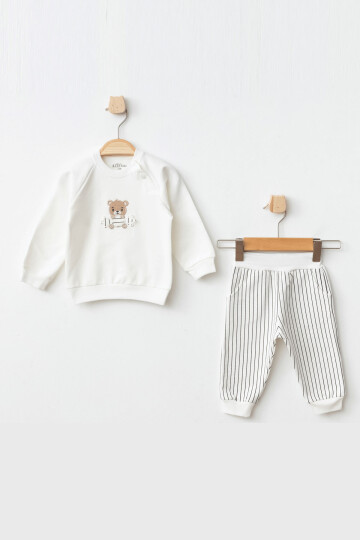 Erkek Bebek Ayı Nakışlı Sweatshirt Pantolon 2  li Alt Üst Bebek Takımı 3 Ay - 36 Ay