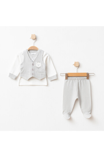 Erkek Bebek Ayı Nakışlı Sweatshirt Yelek Pantolon 3  lü Alt Üst Bebek Takımı 0 Ay - 6 Ay