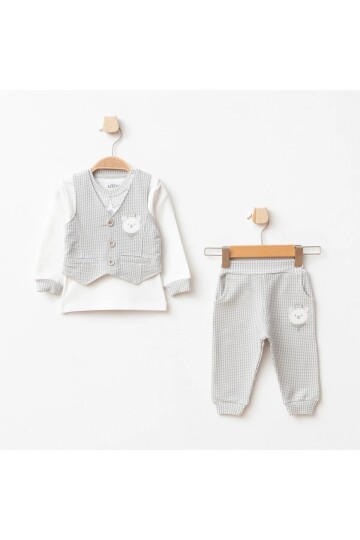 Erkek Bebek Ayı Nakışlı Sweatshirt Yelek Pantolon 3  lü Alt Üst Bebek Takımı 3 Ay - 36 Ay