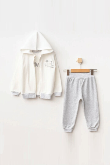 Erkek Bebek Fil Nakışlı Sweatshirt Pantolon T-shirt 3 lü Alt Üst Bebek Takımı 3 Ay-24 Ay