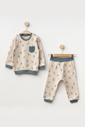 Erkek Bebek Geyik Desenli Sweatshirt Pantolon 2  li Alt Üst Bebek Takımı 3 Ay - 36 Ay