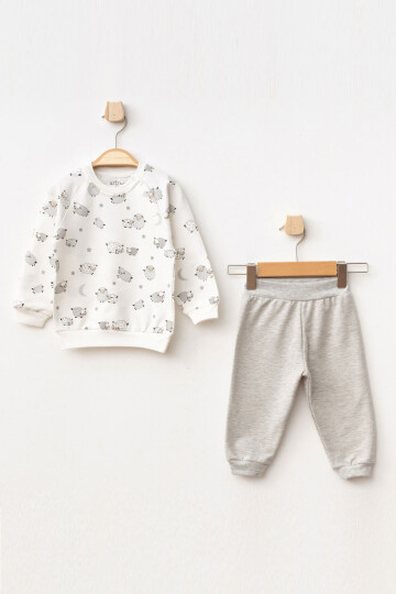 Erkek Bebek Kuzu Desenli Sweatshirt Pantolon 2  li Alt Üst Bebek Takımı 3 Ay - 18 Ay