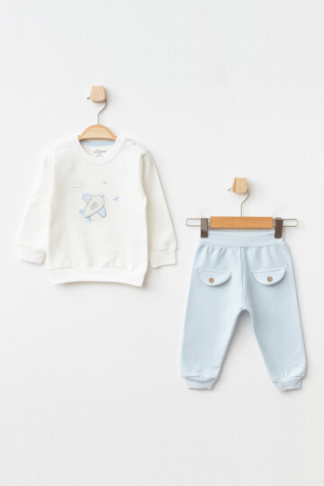 Erkek Bebek Uçak Nakışlı Sweatshirt Pantolon 2  li Alt Üst Bebek Takımı 3 Ay - 36 Ay
