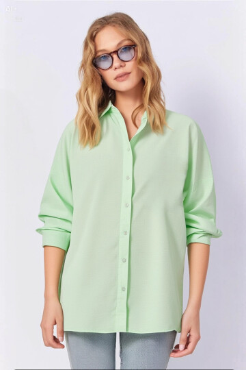 Kadın Açık Yeşil Oversize Uzun Basic Gömlek PLD22W-3118