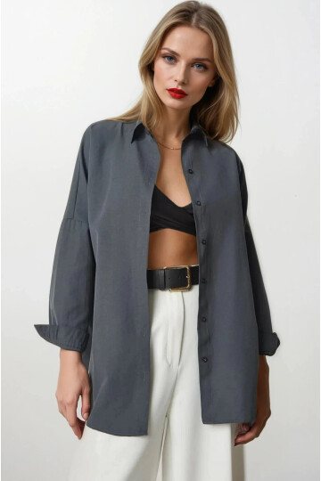 Kadın Antrasit Geniş Kalıp Uzun Basic Gömlek HZL24W-BD139001