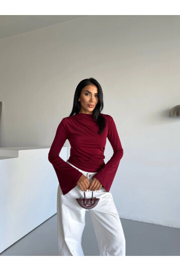 Kadın Bordo Drape Detaylı İspanyol Kol Sany Bluz PLD25W-3047