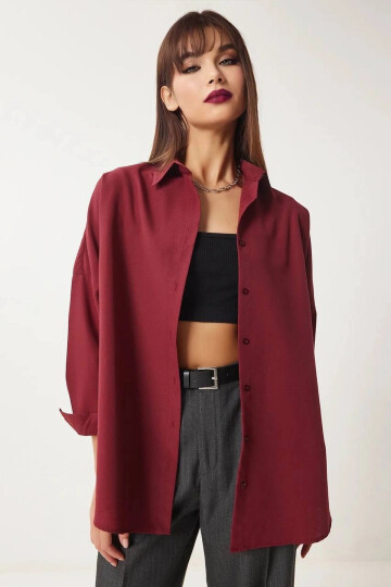 Kadın Bordo Geniş Kalıp Uzun Basic Gömlek HZL24W-BD139001