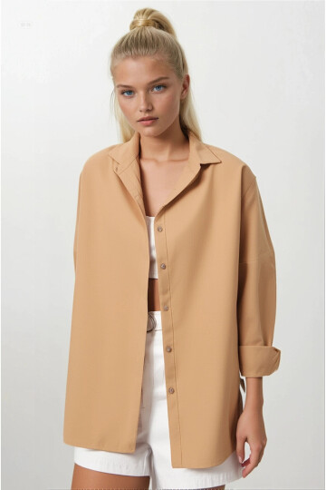 Kadın Camel Oversize Uzun Basic Gömlek PLD22W-3118