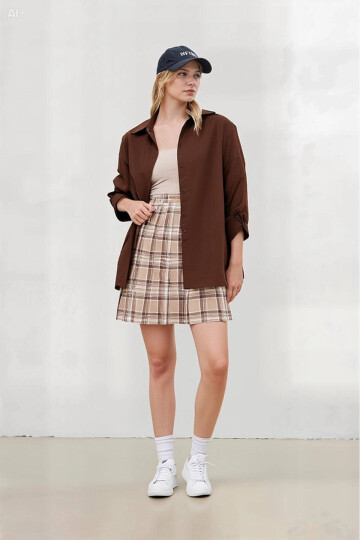 Kadın Çikolata Oversize Uzun Basic Gömlek PLD22W-3118