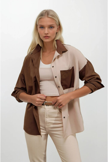 Kadın Kahverengi Krem Renk Bloklu  Poplin Basic Gömlek HZL22S-BD1201161