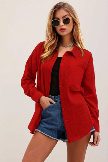 Kadın Kırmızı Tek Cepli Oversize Keten Ayrobin Gömlek PLD24S-3121