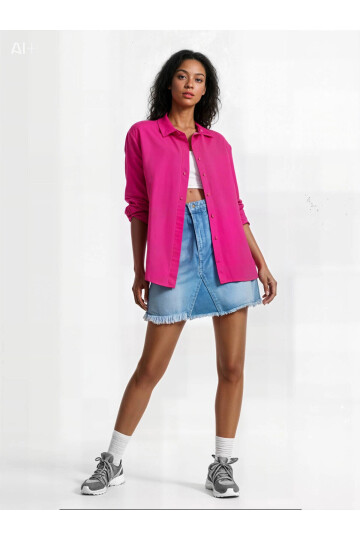 Kadın Koyu Pembe Oversize Uzun Basic Gömlek PLD22W-3118