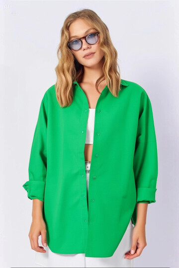 Kadın Koyu Yeşil Oversize Uzun Basic Gömlek PLD22W-3118