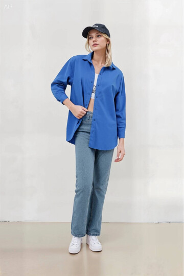 Kadın Mavi Oversize Uzun Basic Gömlek PLD22W-3118
