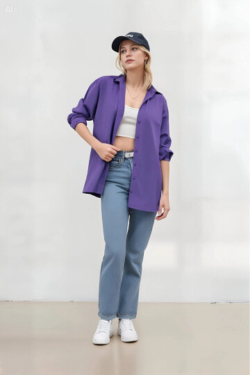 Kadın Mor Oversize Uzun Basic Gömlek PLD22W-3118