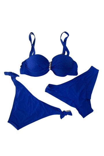 Kadın Saks Mavi Taş İşlemeli Tokalı Astarlı Bikini Takım PLD24S-3007
