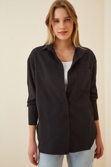 Kadın Siyah Arkası Düğmeli Boyfriend Poplin Gömlek PLD22S-3131